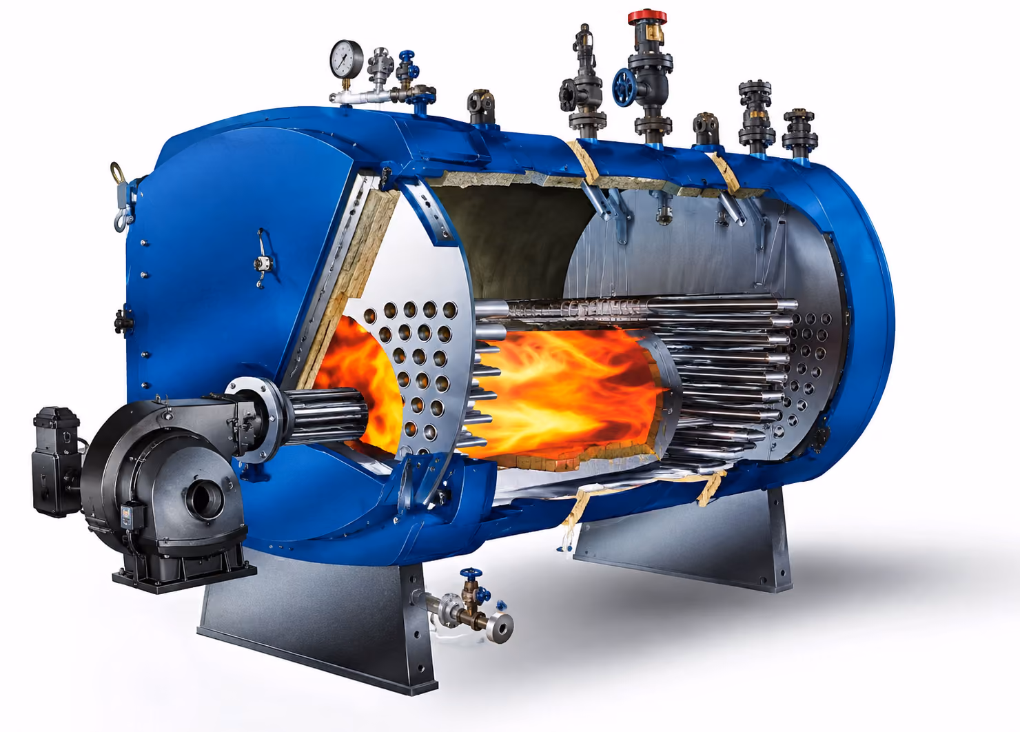 Industrial blue boiler with cutaway showing inner burning chamber and metal tubes with orange flames inside.