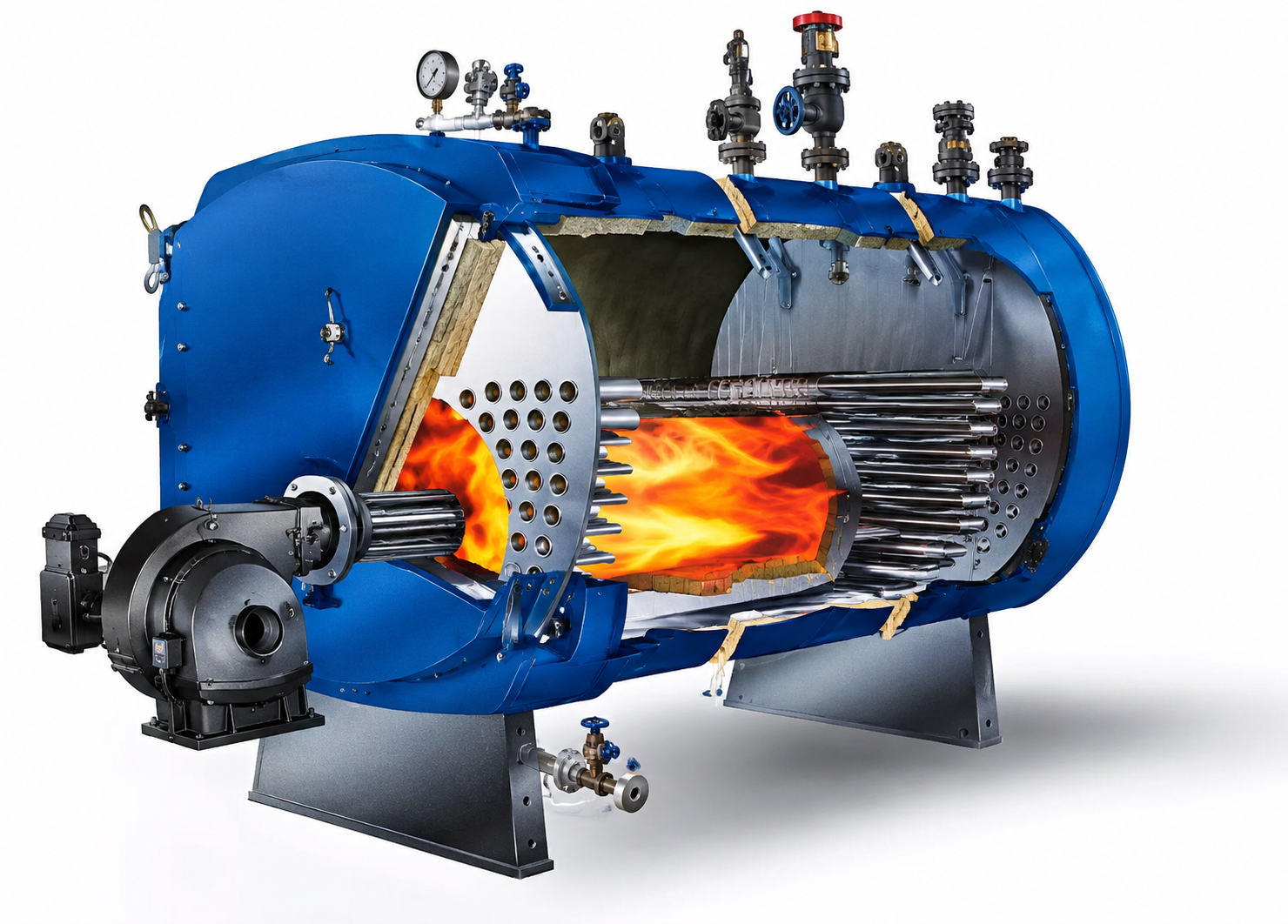 Industrial blue boiler with cutaway showing inner burning chamber and metal tubes with orange flames inside.