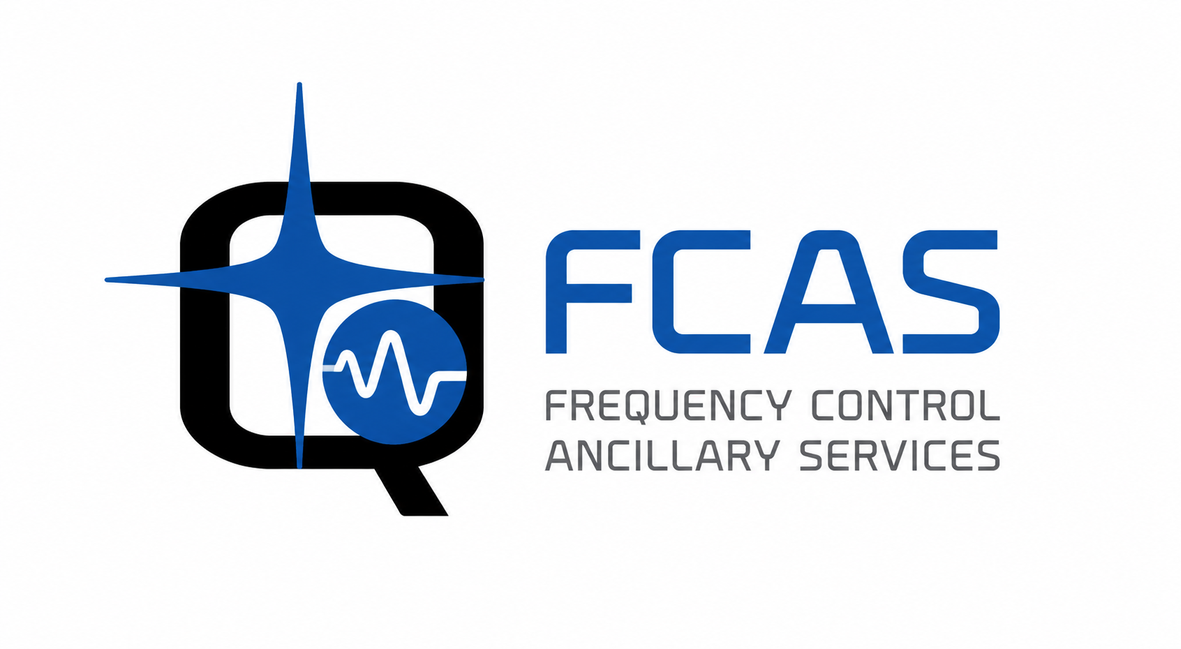 Logo with stylized Q featuring a blue star and waveform circle, text FCAS Frequency Control Ancillary Services.