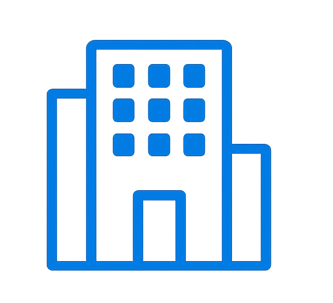 Blue icon of a building with three sections and nine windows above a centered door.