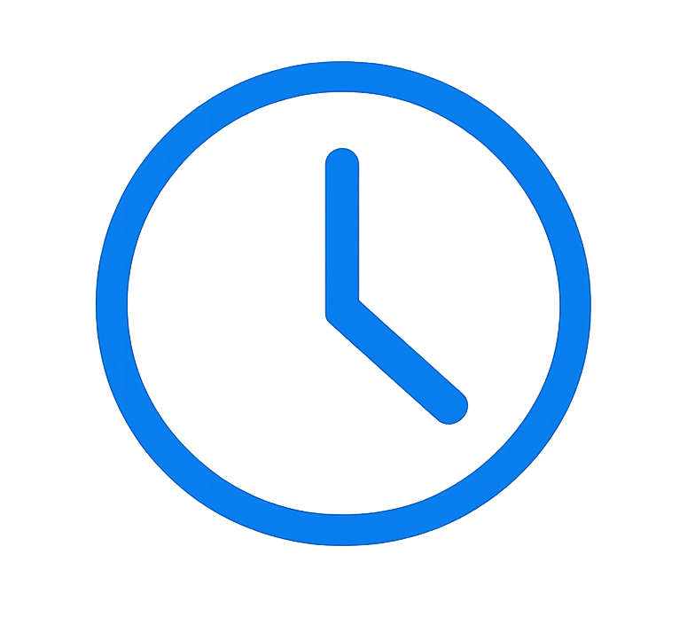 Blue clock icon showing time as 3:30 on a transparent background.