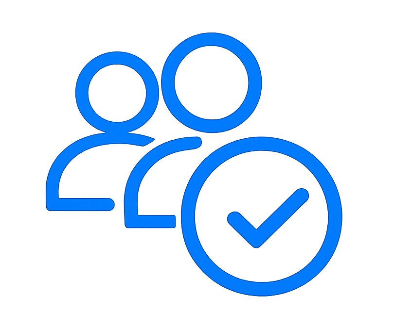 Blue icon of two user figures with a checkmark circle indicating verification or approval.