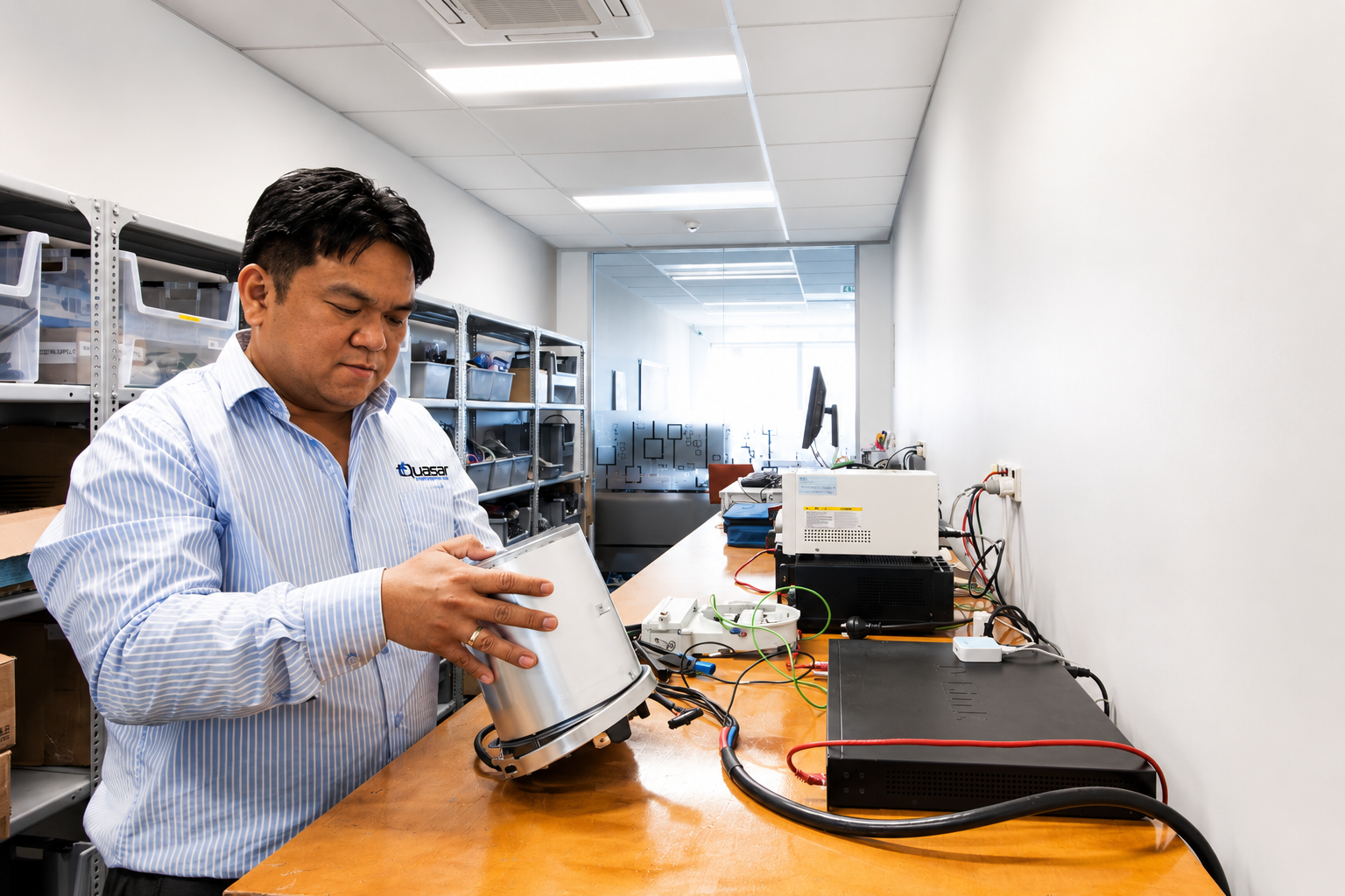 Man in striped shirt working with electronic equipment on a wooden bench in a lab.