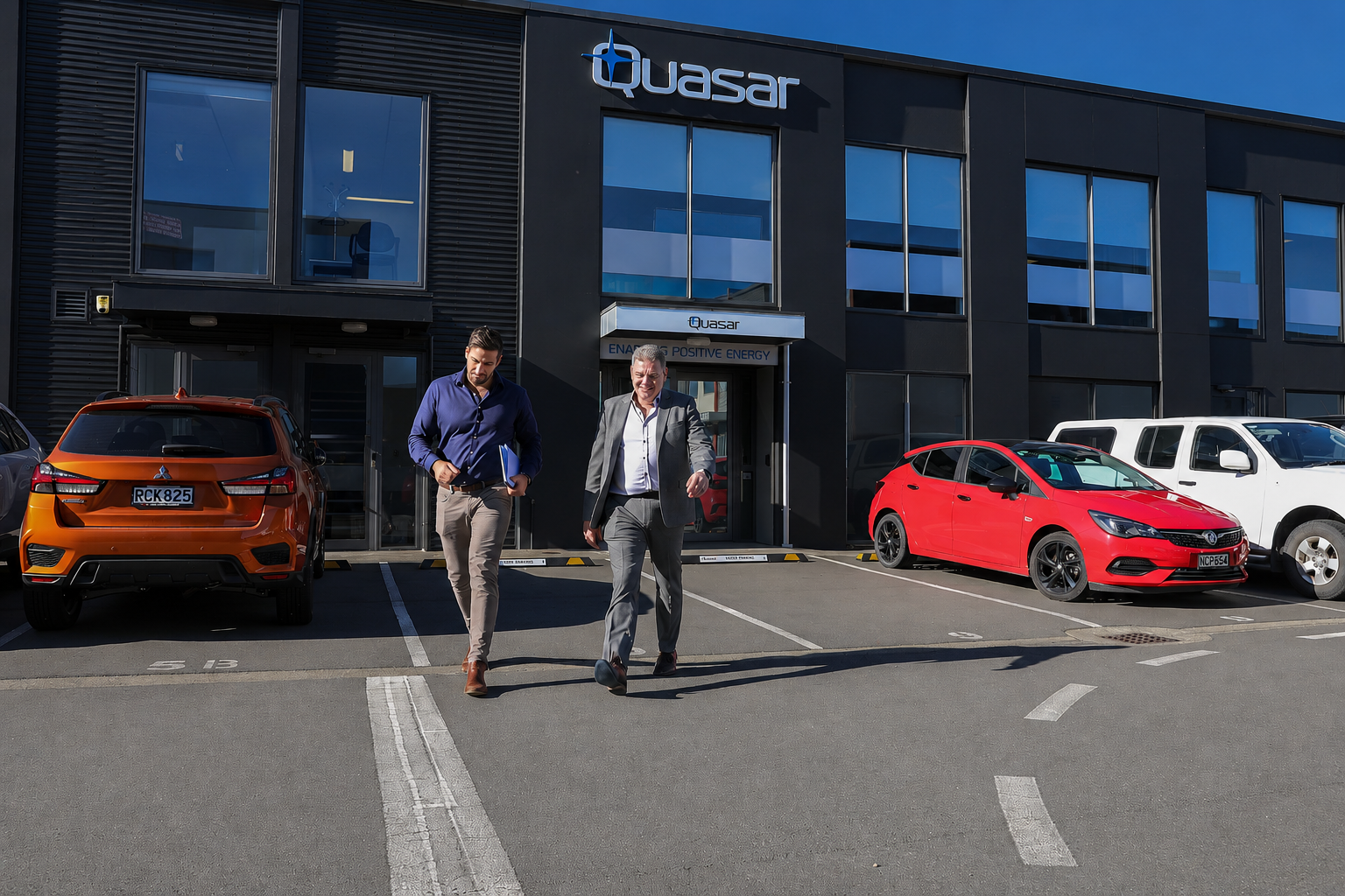 Two men walking away from a black building with Quasar logo and parked cars in front under clear sky.