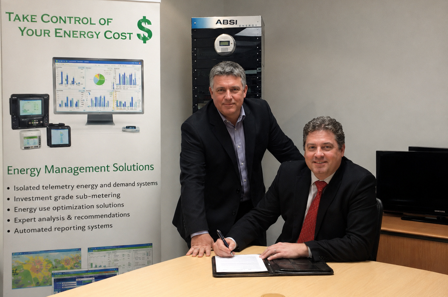 Two men in suits at a table signing a document in an office with energy management posters.