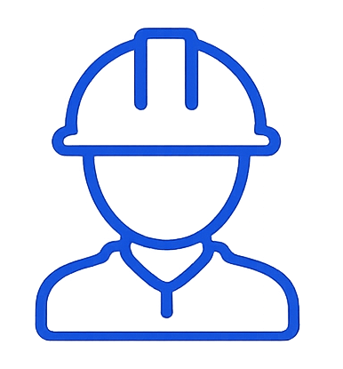 Blue line icon of a person wearing a construction helmet and safety jacket.