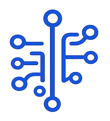 Blue circuit board icon with interconnected lines and nodes on a transparent background.
