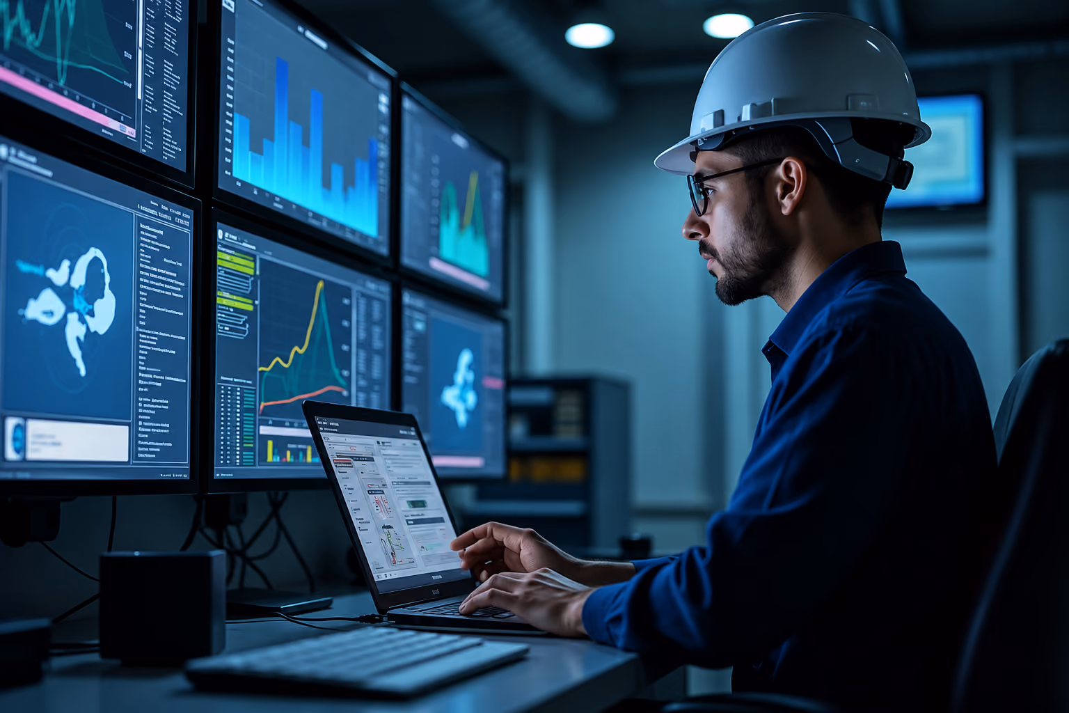Engineer wearing a white helmet working on a laptop with multiple data monitors in a control room.