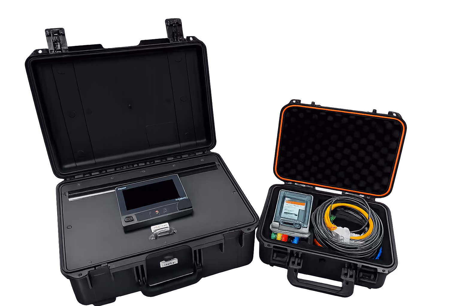 Two black protective cases open, one with a digital device inside, the other with cables and a meter.