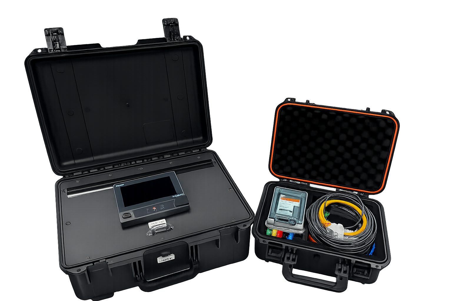 Two black protective cases open, one with a digital device inside, the other with cables and a meter.