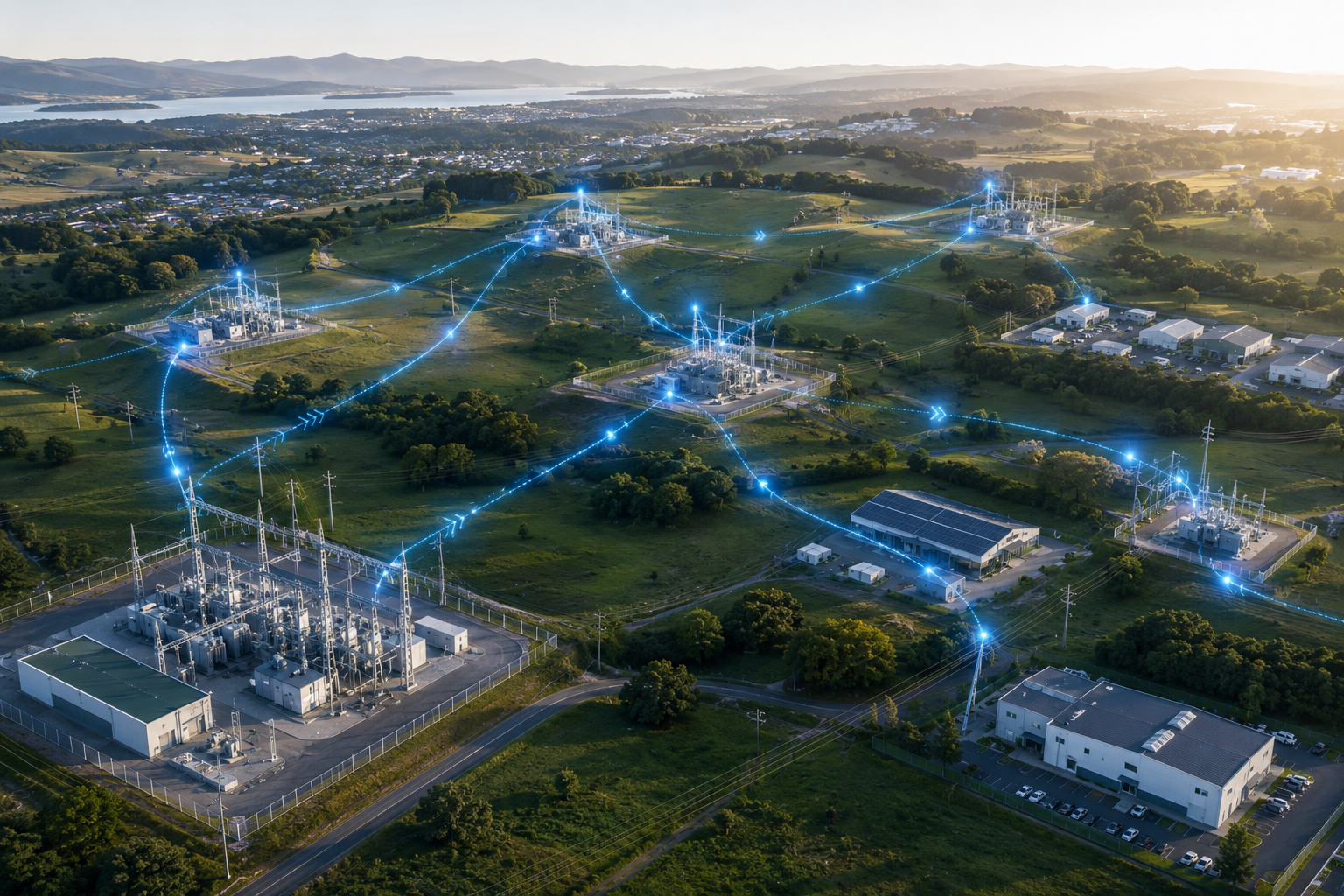 Aerial view of power substations connected with glowing blue network lines across green fields at sunset.