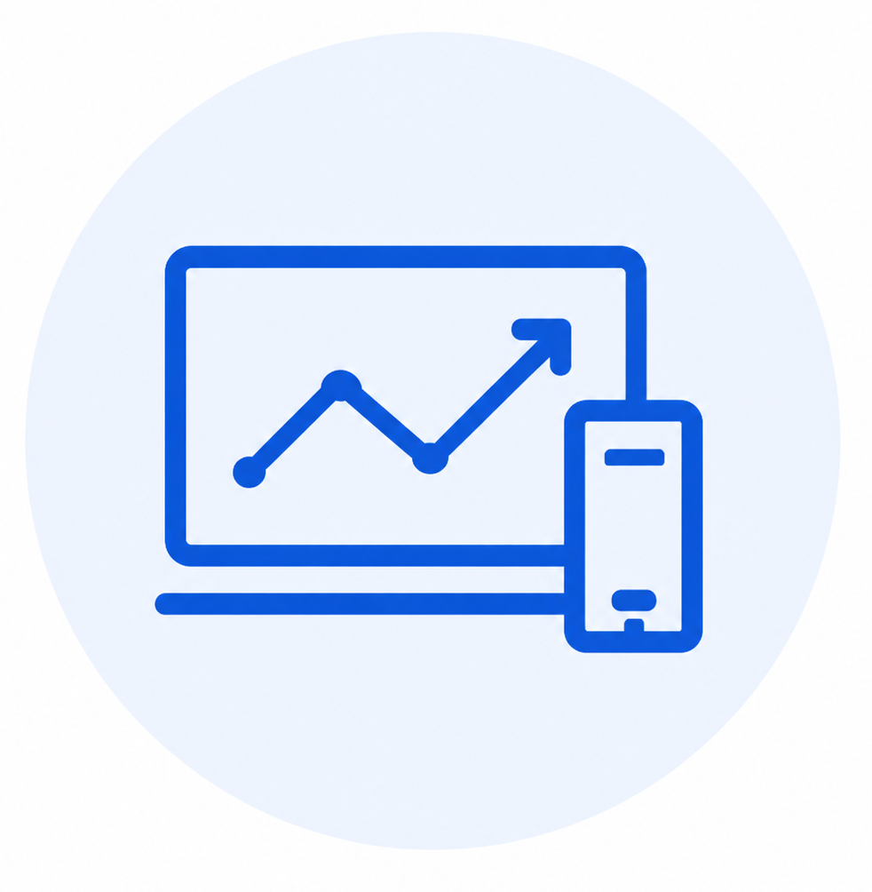 Blue icon of a computer monitor with an upward trending graph and a smartphone beside it.