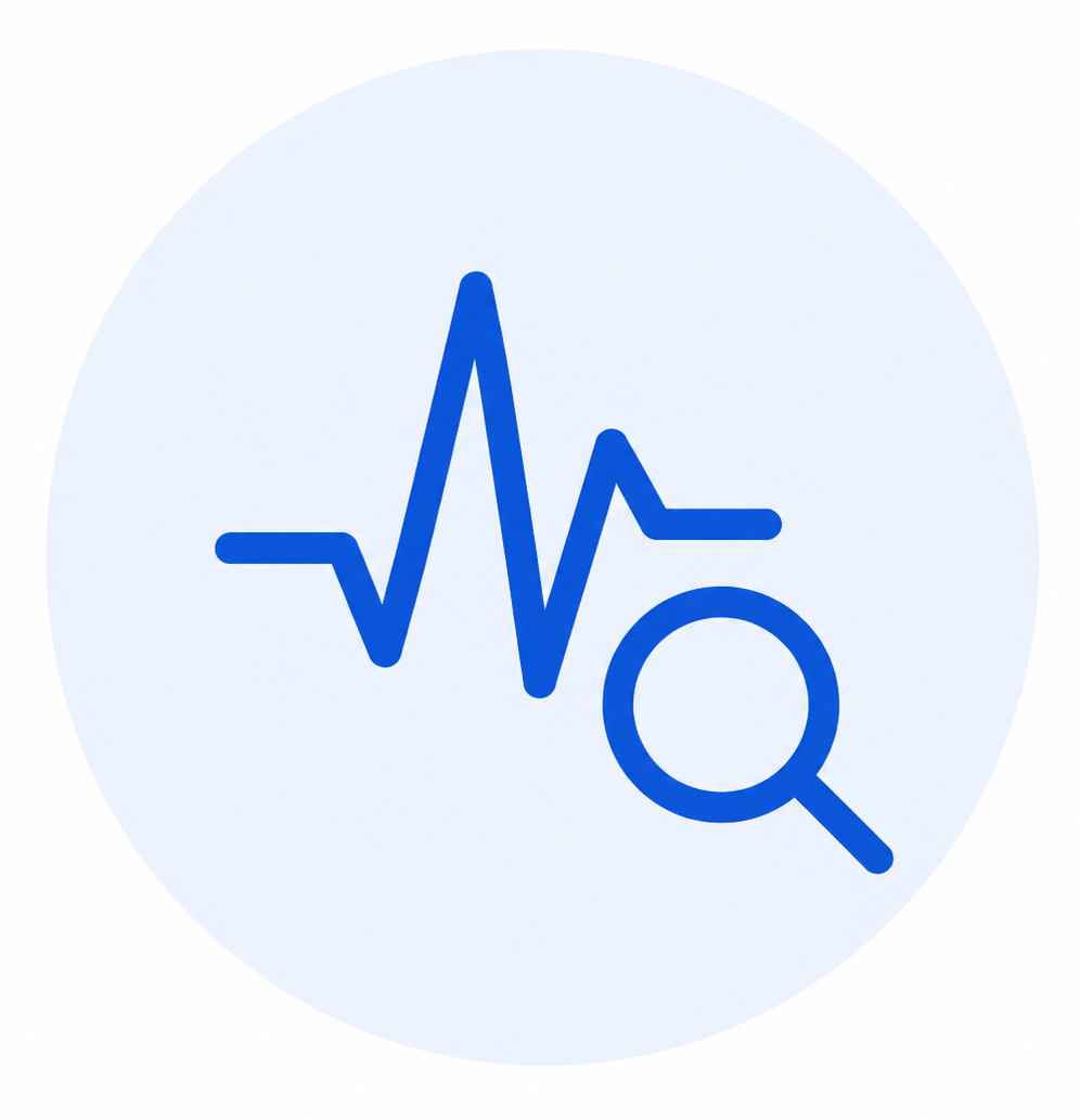 Blue heartbeat line with magnifying glass icon in a light blue circle background.