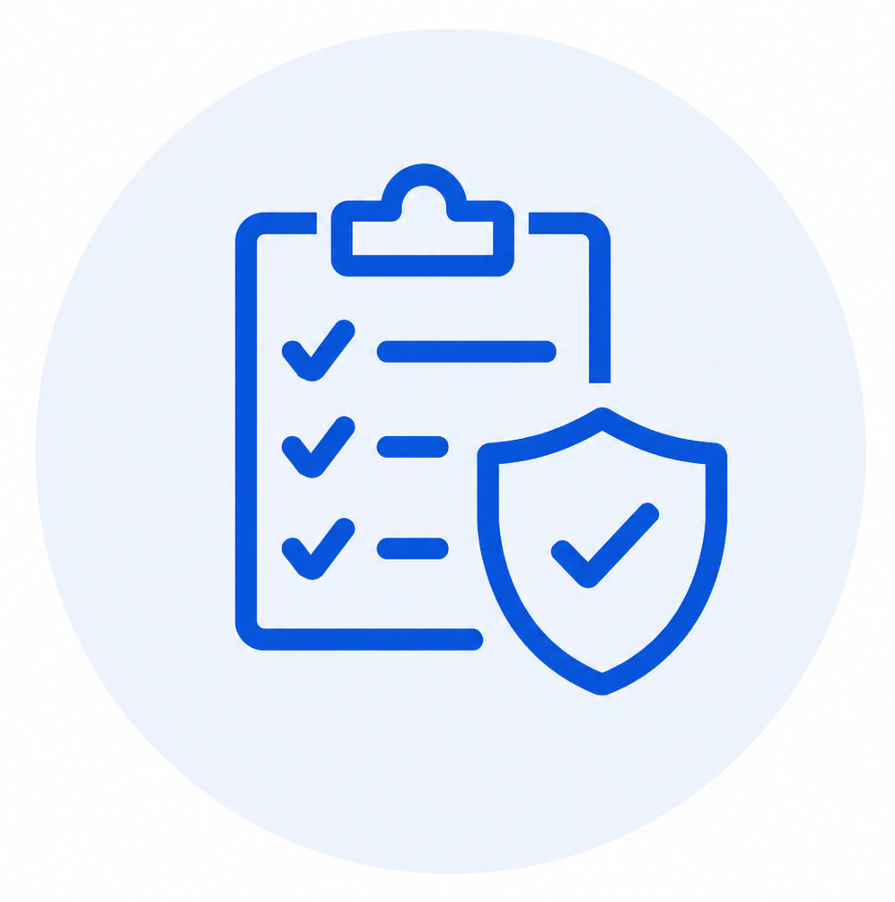 Blue checklist on clipboard with checks and a shield icon with a checkmark in front.
