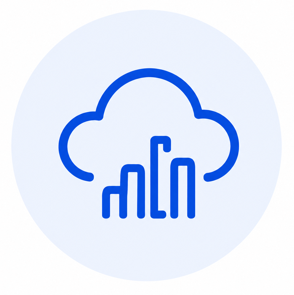 Blue cloud outline above stylized blue city skyline inside a circular light blue background.