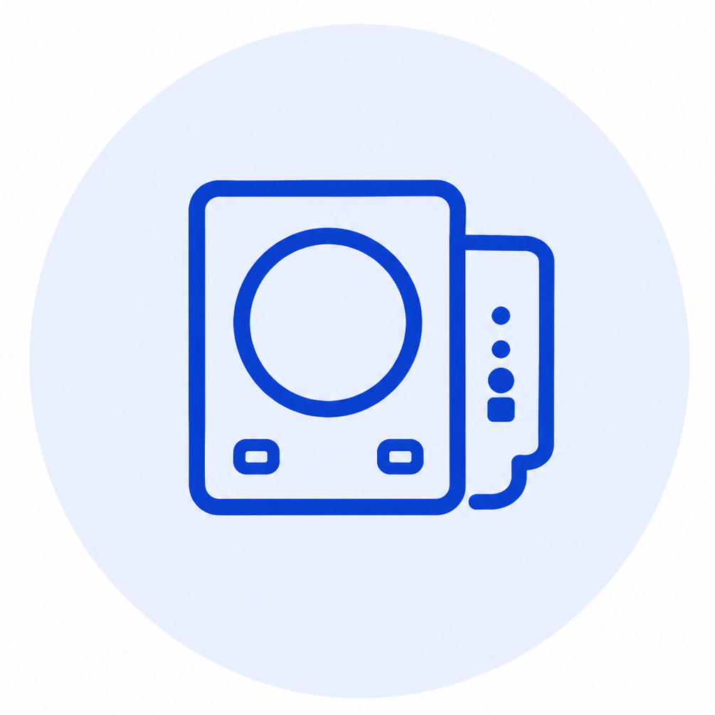 Icon of a computer hard drive with control buttons inside a blue circle.