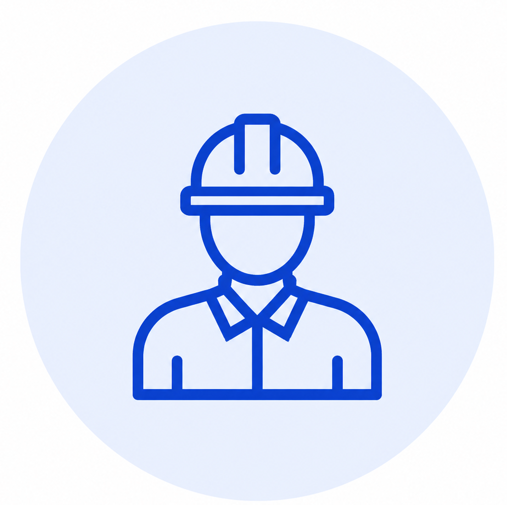 Blue line icon of a construction worker wearing a hard hat in a light blue circle.