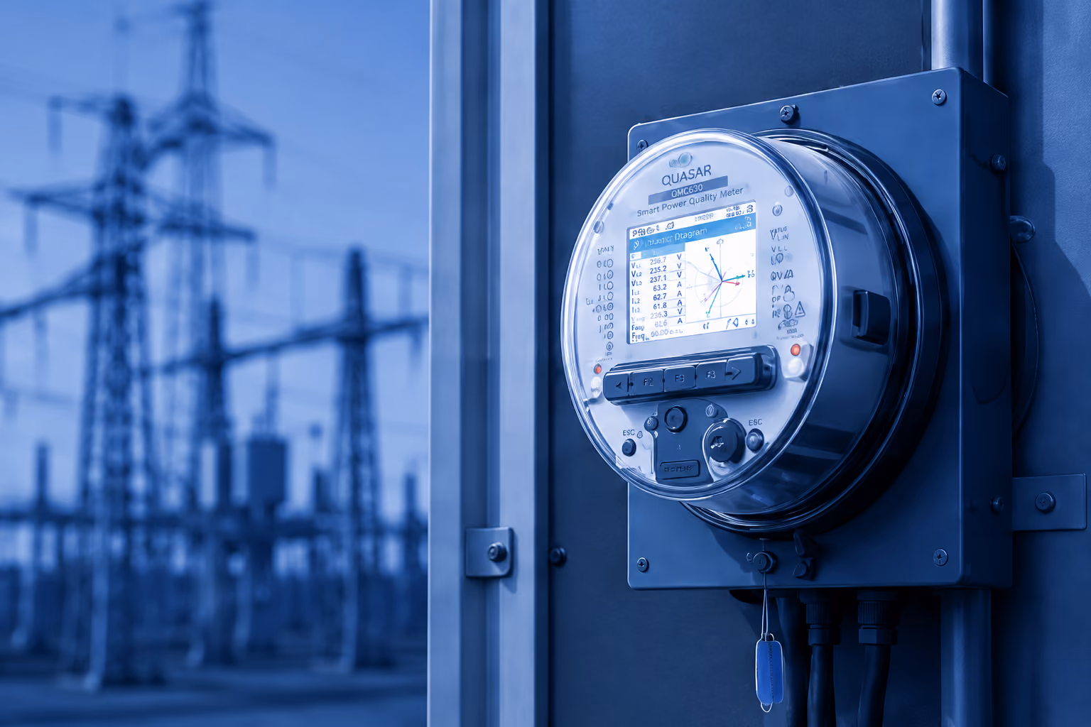 Smart power quality meter mounted on a panel with electrical substation structures in the background.