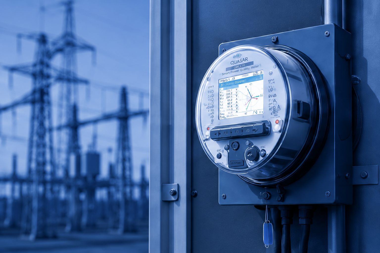 Smart power quality meter mounted on a panel with electrical substation structures in the background.