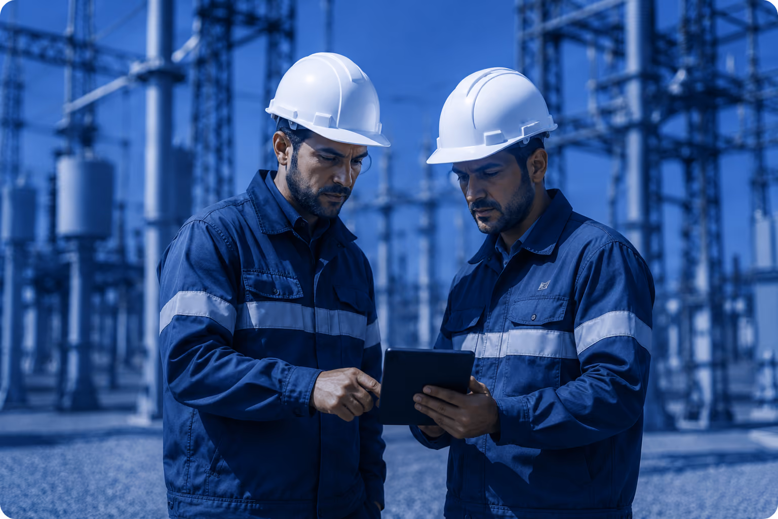 Two engineers in hard hats and safety uniforms reviewing data on a tablet at a power plant.
