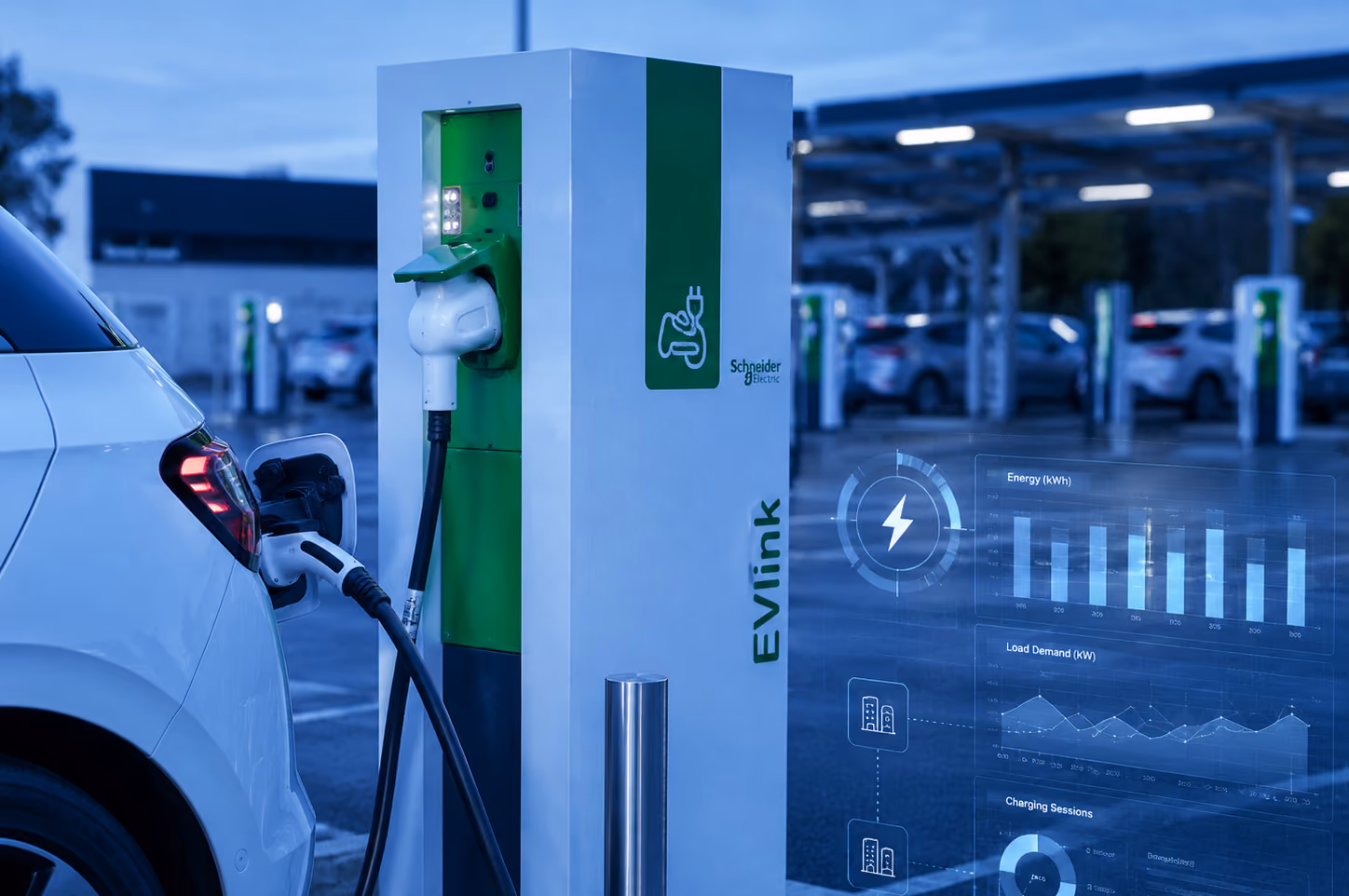White electric car charging at an EVlink Schneider Electric charging station outdoors at dusk.