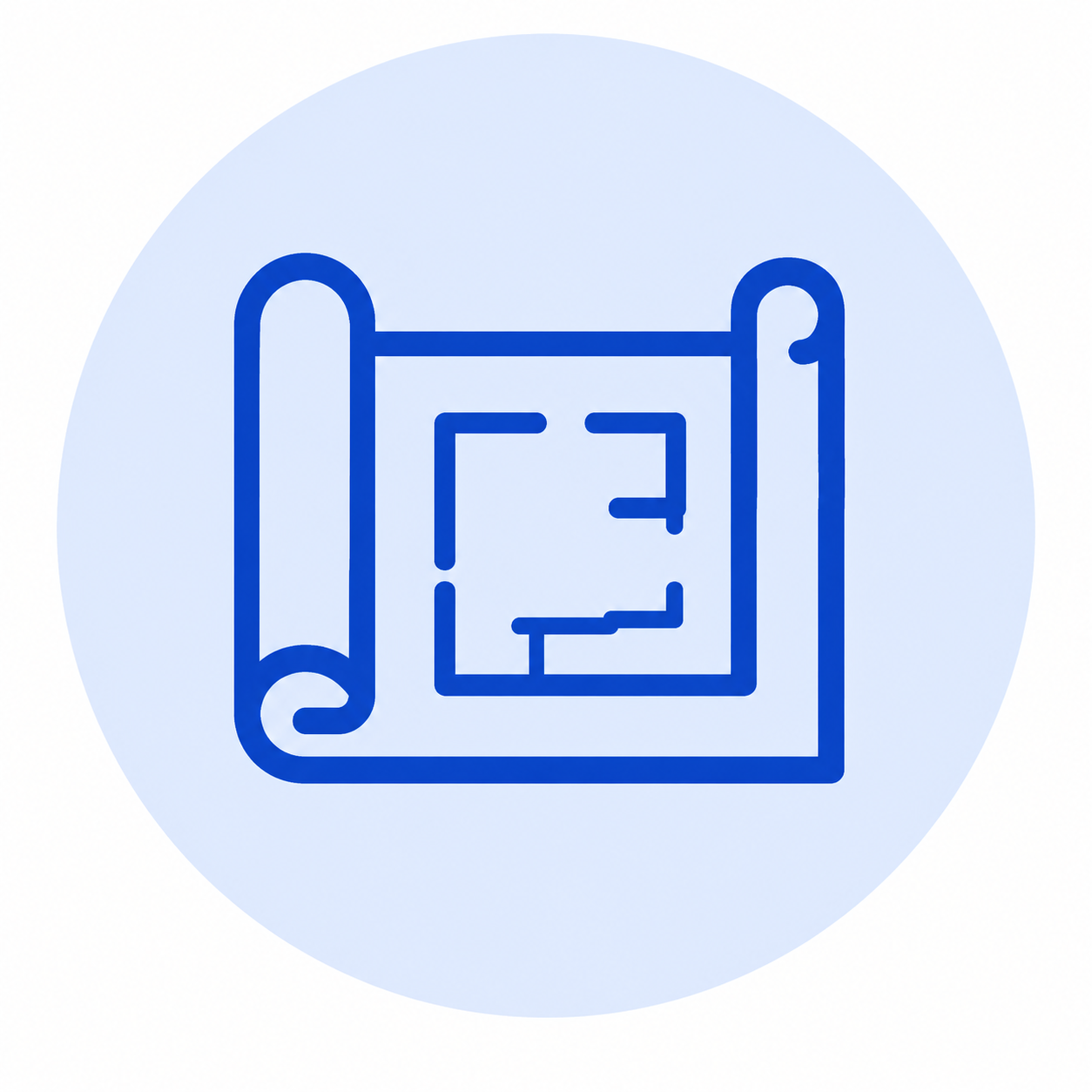 Blue architectural blueprint icon on a light blue circular background.