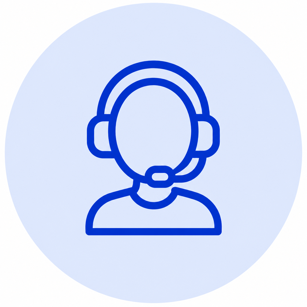 Blue outline icon of a person wearing a headset with microphone on a light blue circle background.