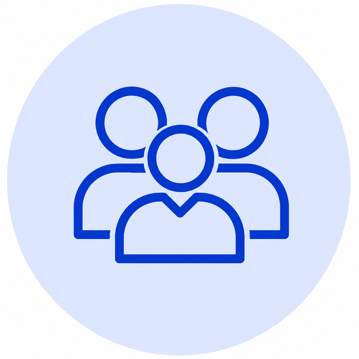 Blue line icon of three people inside a light blue circle.