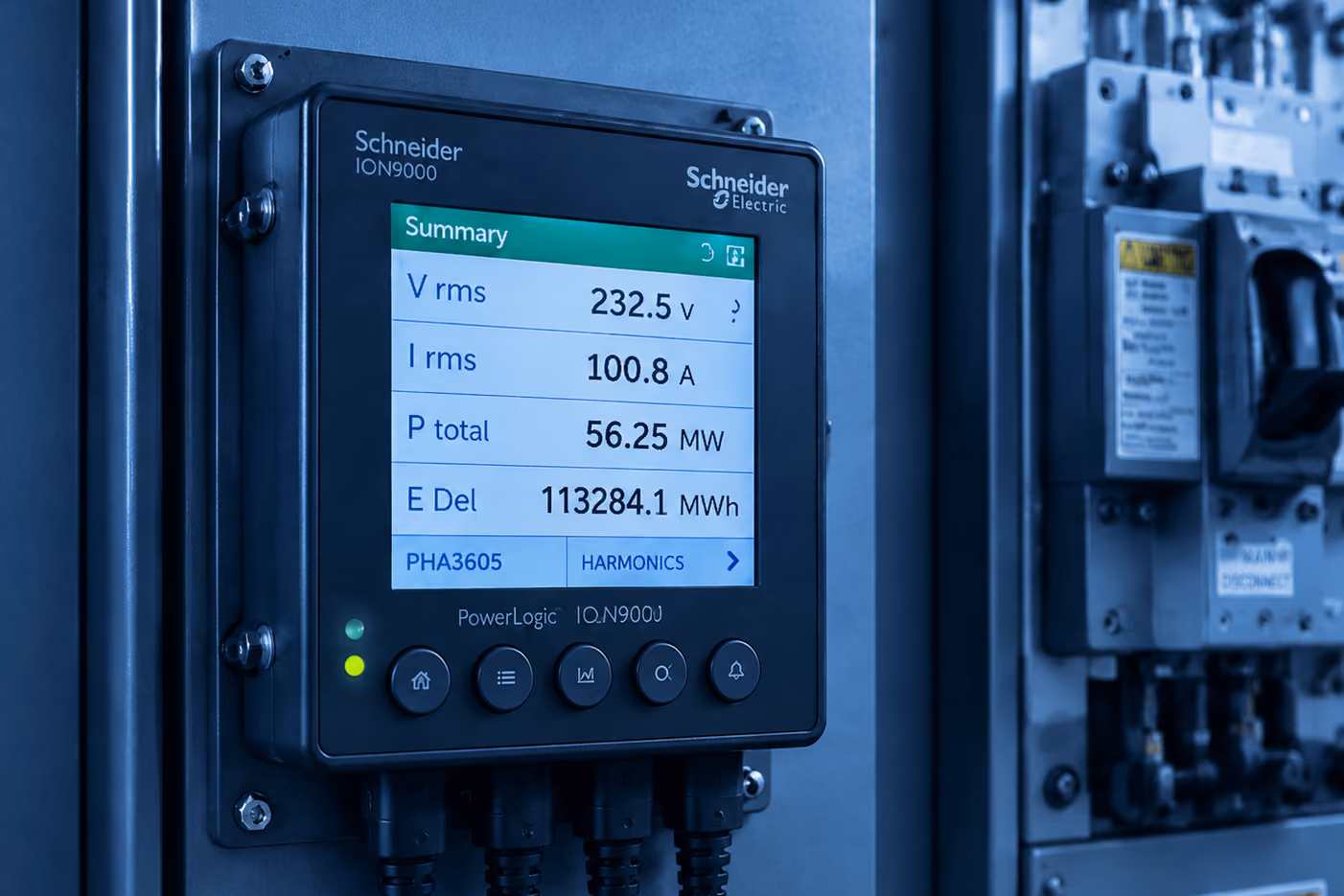 Schneider Electric ION9000 meter showing voltage, current, power, and energy readings on screen.