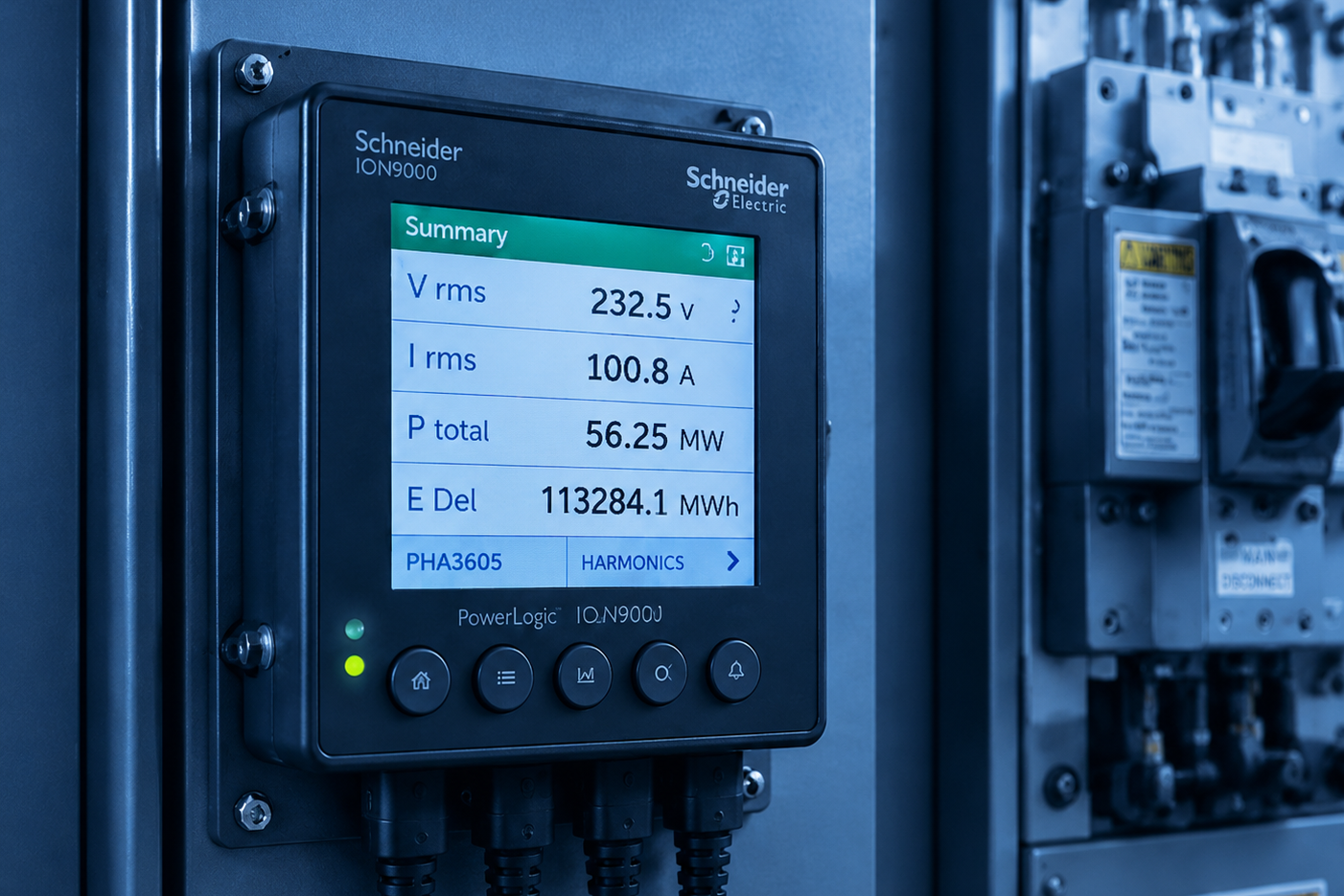 Schneider Electric ION9000 meter showing voltage, current, power, and energy readings on screen.