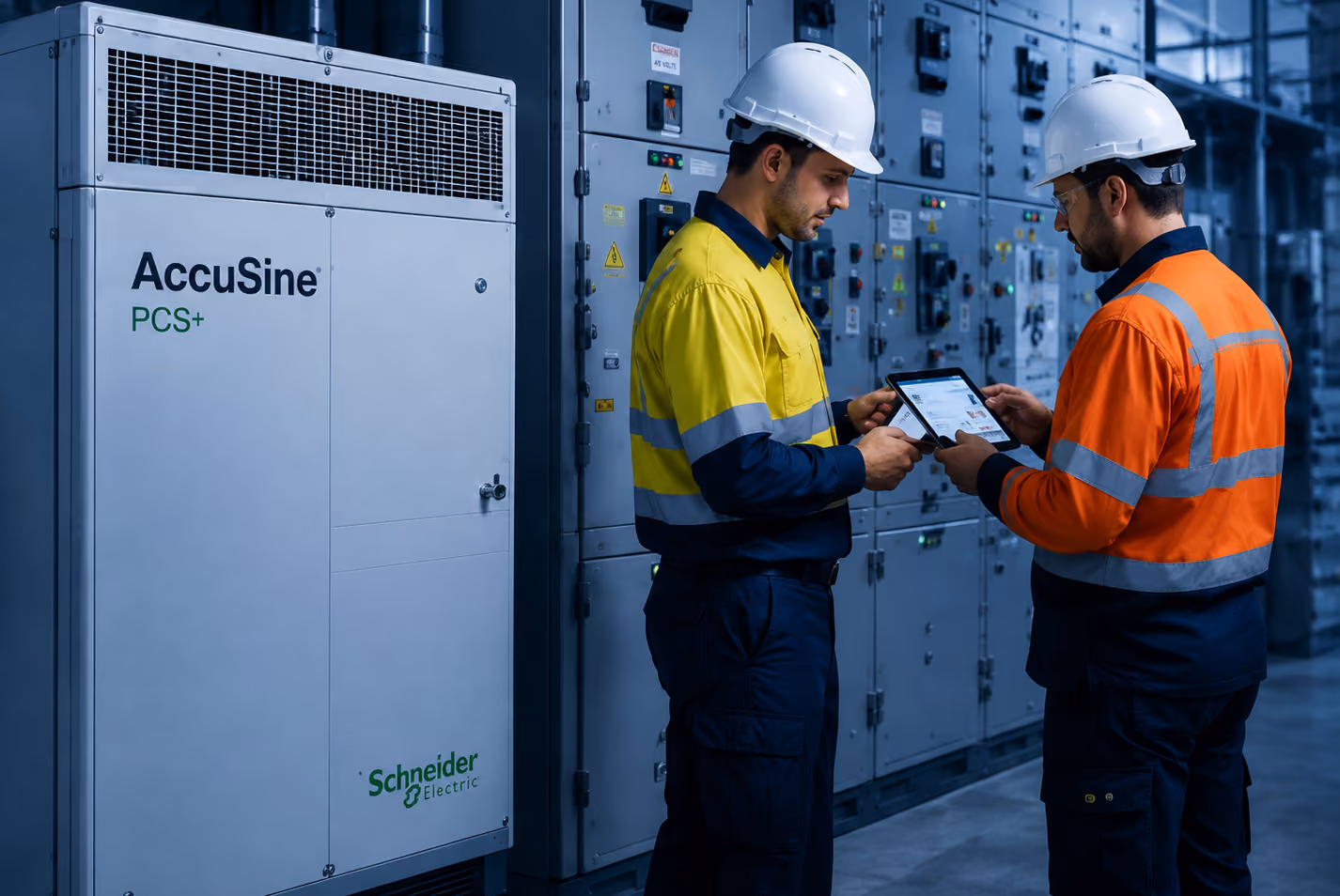 Two industrial workers in safety gear review data on a tablet near Schneider Electric equipment.