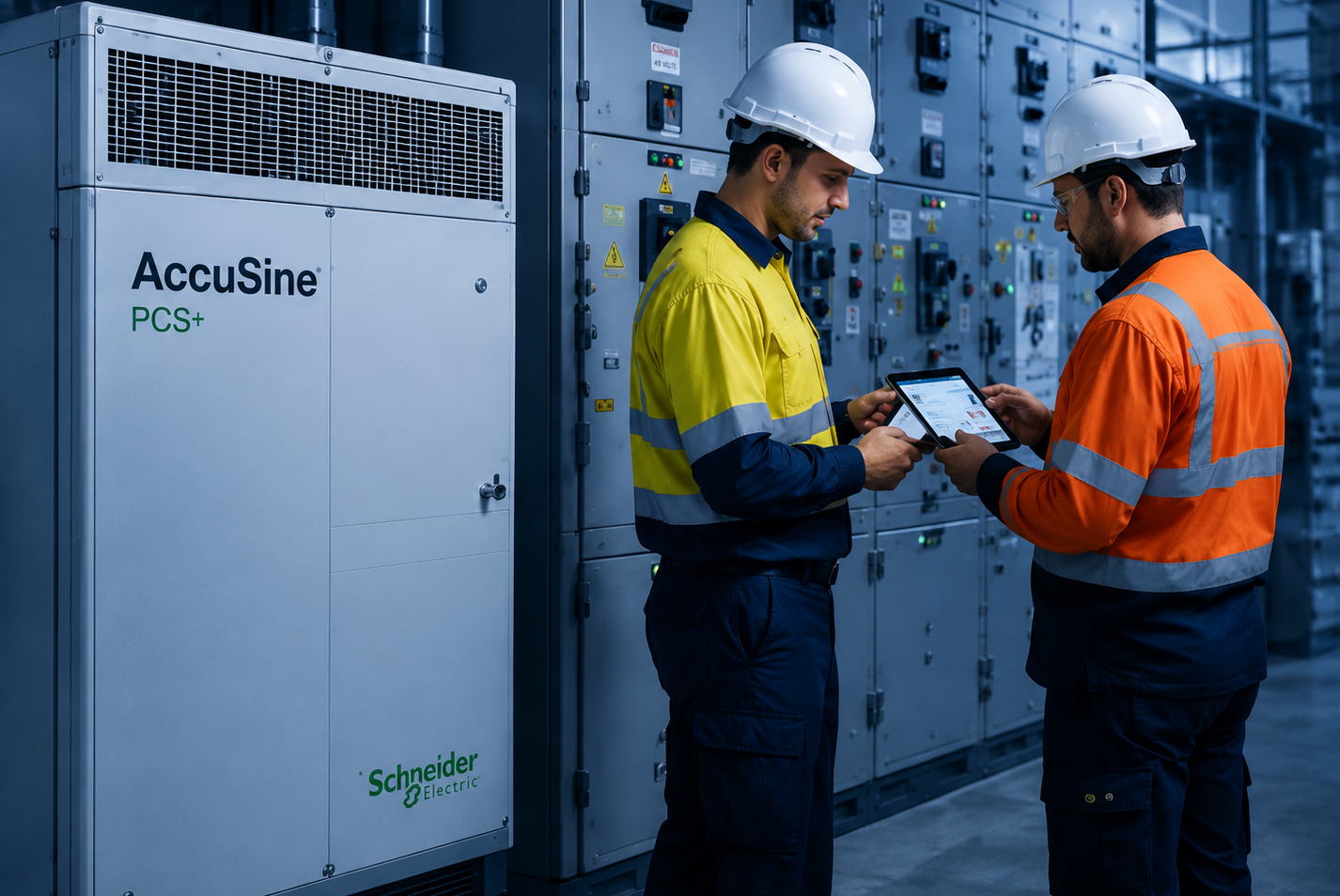 Two industrial workers in safety gear review data on a tablet near Schneider Electric equipment.