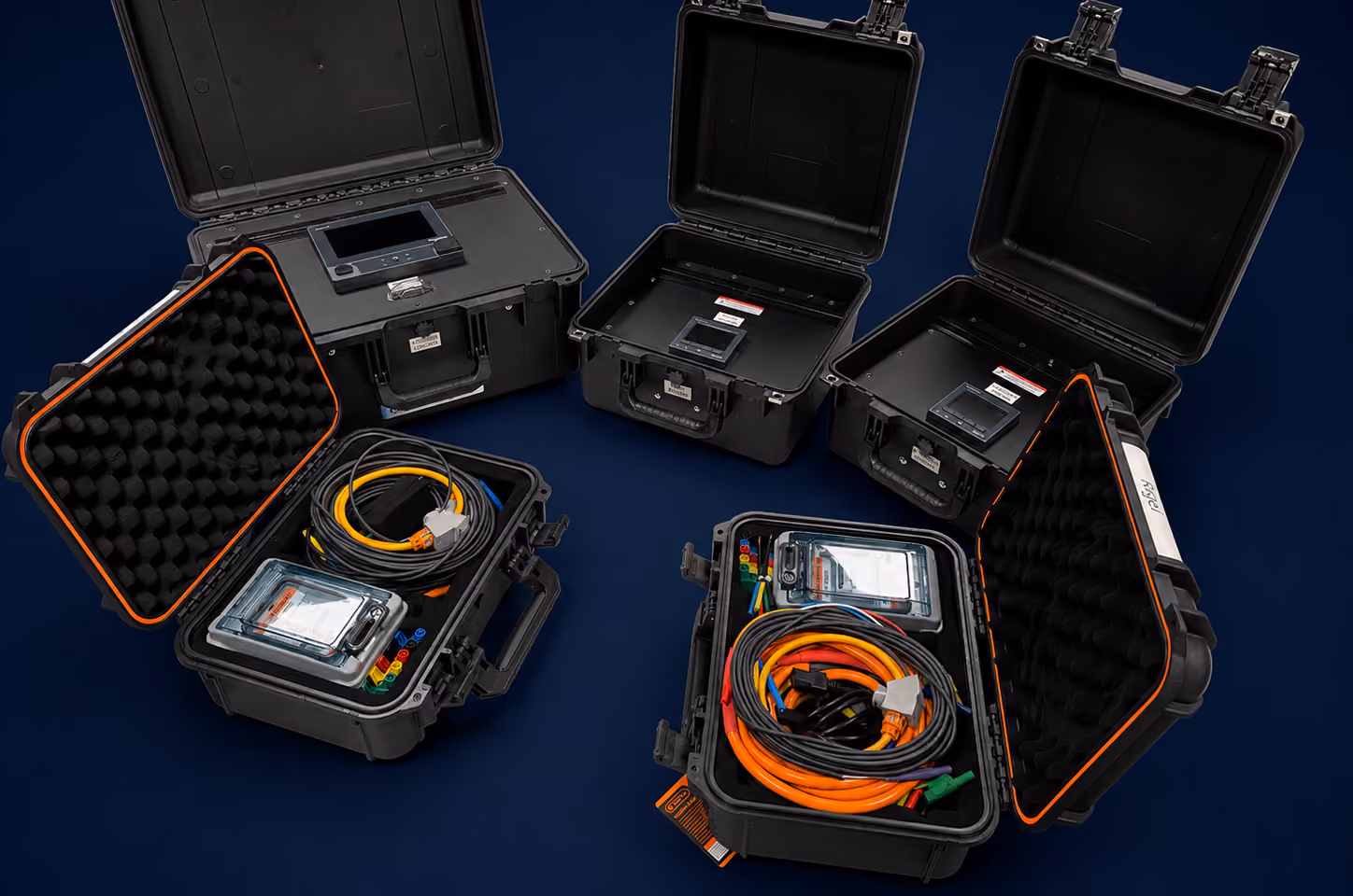 Open black hard cases with digital meters and coiled colored cables against dark blue background.
