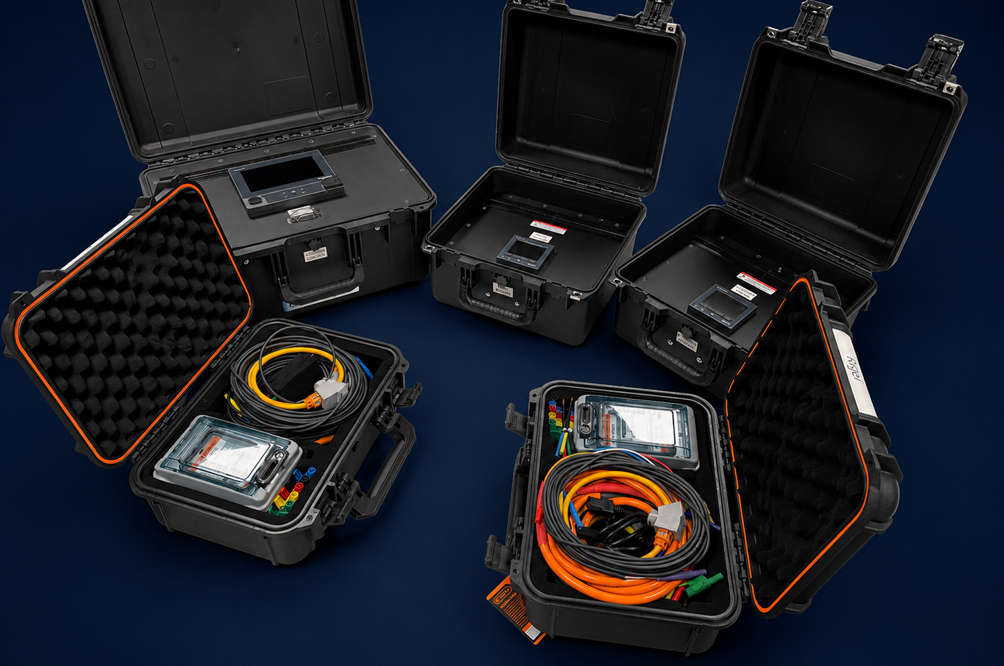 Open black hard cases with digital meters and coiled colored cables against dark blue background.