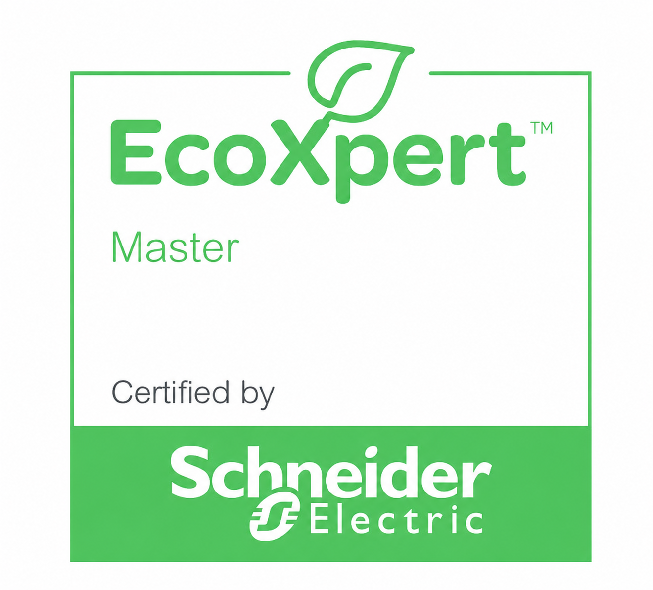 EcoXpert Master certification badge certified by Schneider Electric with green leaf icon.