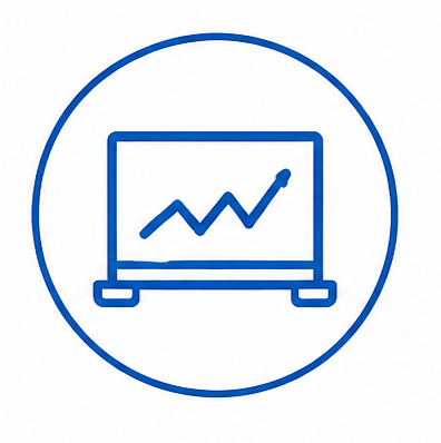 Blue line graph with upward trend on a screen inside a blue circle.
