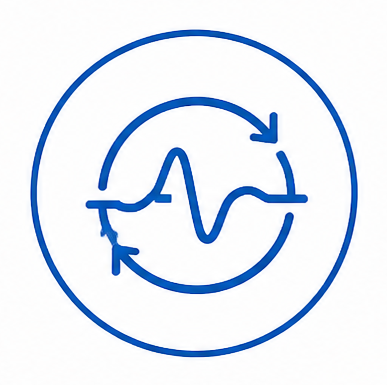 Blue circular arrows around a waveform icon inside a round border.