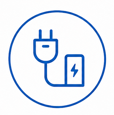 Blue electric plug and battery icon inside a blue circle.