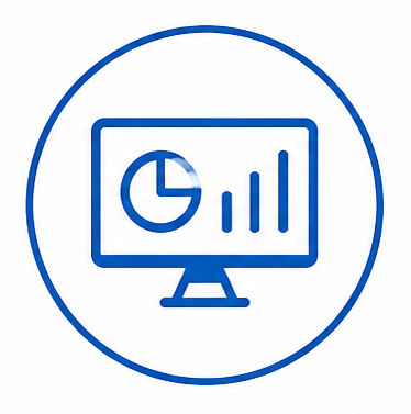 Computer monitor displaying a pie chart and three ascending bar graphs inside a blue circle.
