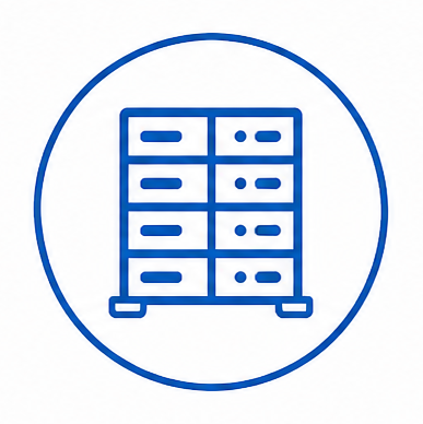 Blue line icon of a server rack in a circle representing a data center.