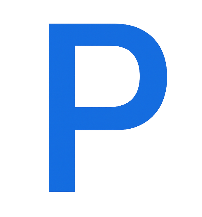 Bold blue letter P on a black background.