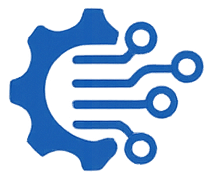 Blue gear with four connected lines ending in circles representing technology and automation.