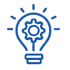 Blue lightbulb with a gear inside representing innovation and expertise.
