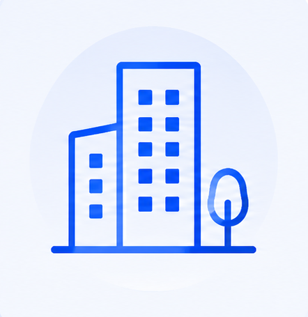 Blue line drawing of two buildings with windows and a tree on the right side.