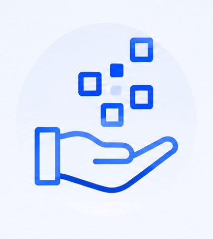 Blue outlined hand icon with floating digital squares above the palm against a light circle background.