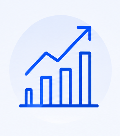 Blue bar chart with ascending bars and an arrow pointing upward to indicate growth.