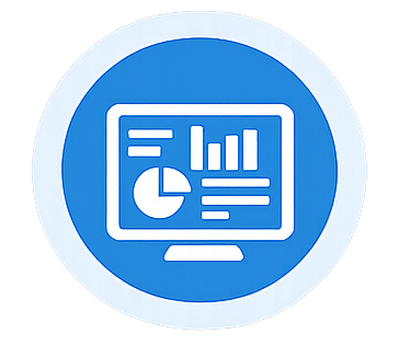 Blue circle icon with white computer screen showing charts, a pie chart, and data lines.