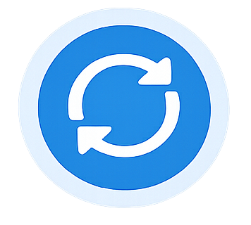 Blue circular icon with two white arrows forming a refresh or sync symbol.