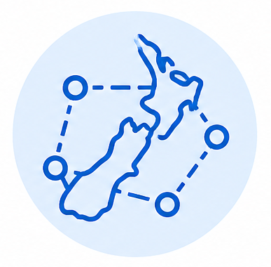 Outline of New Zealand connected by a dotted line to four circular nodes in a blue circular background.