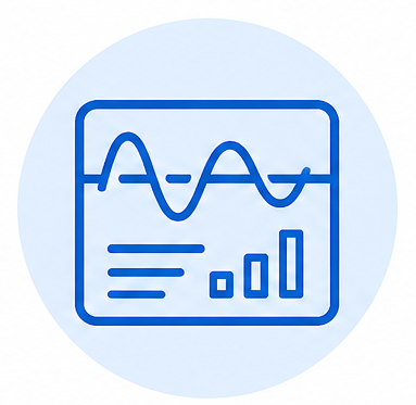 Blue icon of a monitor screen showing a waveform and bar chart data inside a circle.